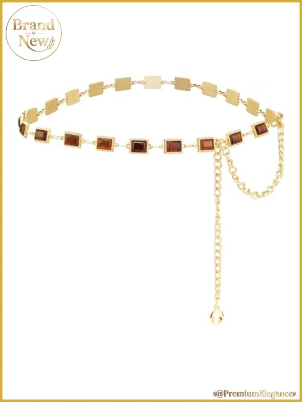 Western Concho Chain Belt Gold-Tone Alloy Amber Gemstone Inlay Adjustable